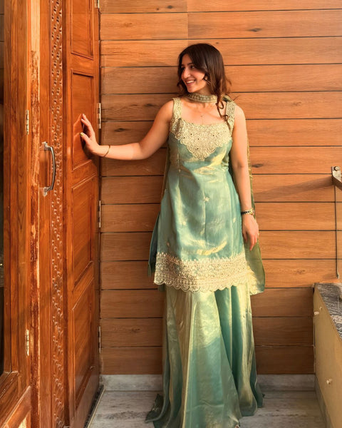 Heavy Fandy Silk Embroidered Sharara Suit Set with Dupatta