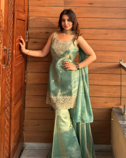 Heavy Fandy Silk Embroidered Sharara Suit Set with Dupatta