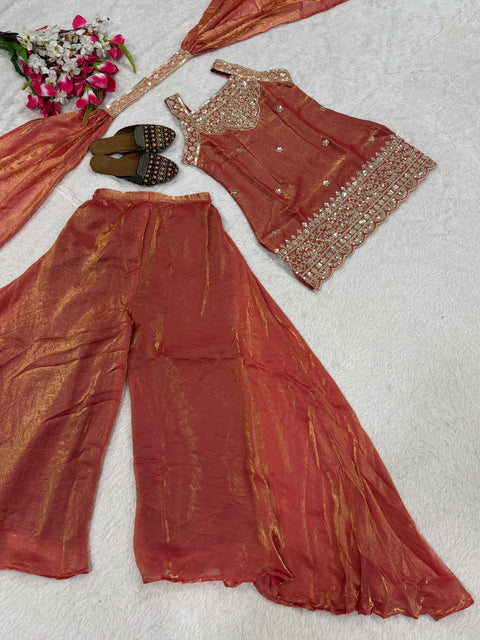 Heavy Fandy Silk Embroidered Sharara Suit Set with Dupatta