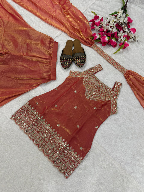 Heavy Fandy Silk Embroidered Sharara Suit Set with Dupatta