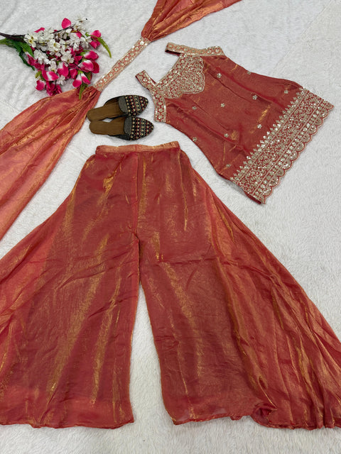 Heavy Fandy Silk Embroidered Sharara Suit Set with Dupatta
