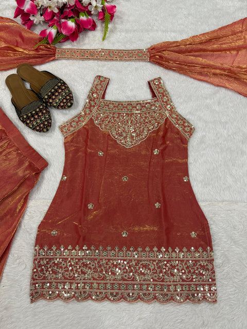 Heavy Fandy Silk Embroidered Sharara Suit Set with Dupatta