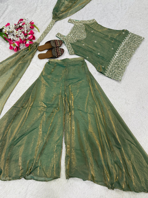 Heavy Fandy Silk Embroidered Sharara Suit Set with Dupatta