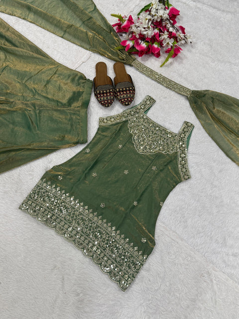 Heavy Fandy Silk Embroidered Sharara Suit Set with Dupatta