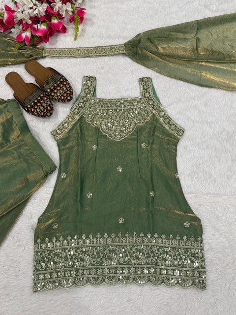 Heavy Fandy Silk Embroidered Sharara Suit Set with Dupatta