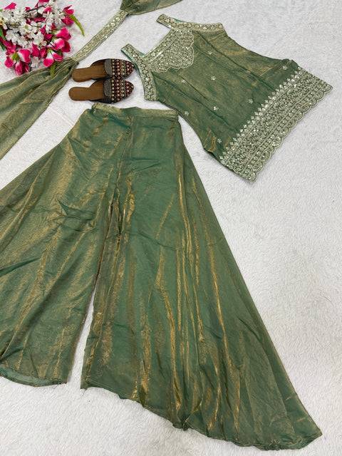 Heavy Fandy Silk Embroidered Sharara Suit Set with Dupatta