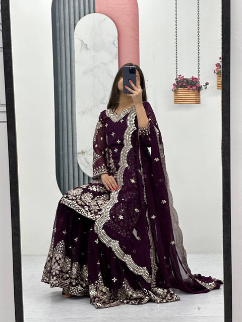 Fox Georgette Party Wear Sharara Suit Set with Embroidered Dupatta