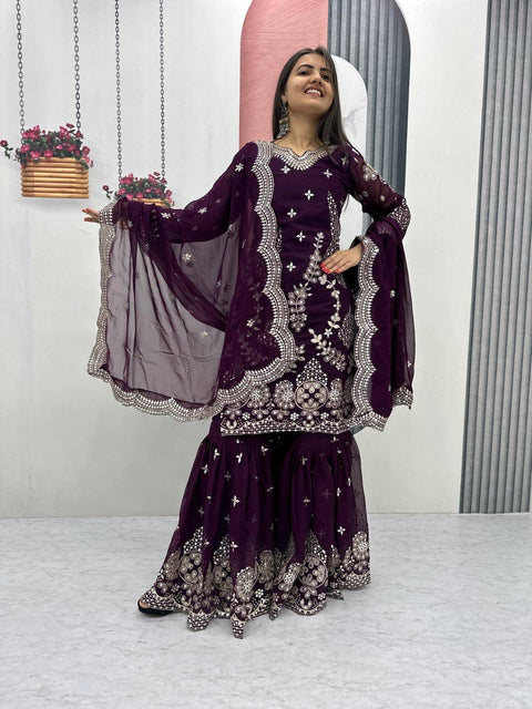 Fox Georgette Party Wear Sharara Suit Set with Embroidered Dupatta