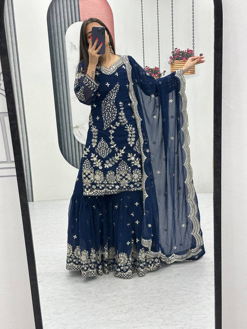 Fox Georgette Party Wear Sharara Suit Set with Embroidered Dupatta