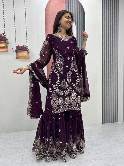 Fox Georgette Party Wear Sharara Suit Set with Embroidered Dupatta