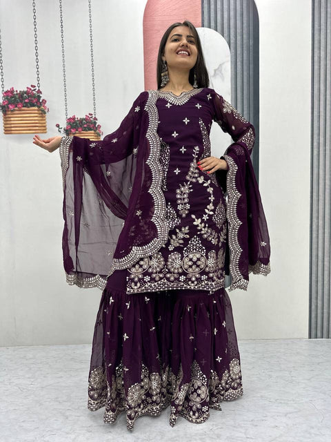 Fox Georgette Party Wear Sharara Suit Set with Embroidered Dupatta