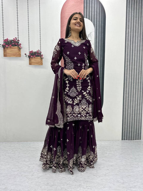 Fox Georgette Party Wear Sharara Suit Set with Embroidered Dupatta