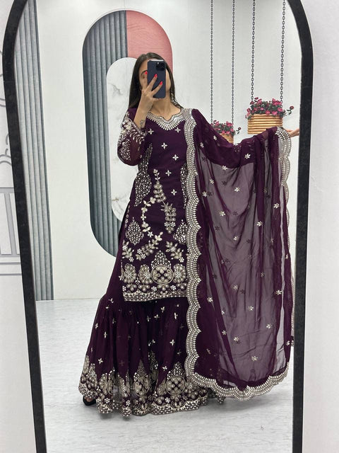 Fox Georgette Party Wear Sharara Suit Set with Embroidered Dupatta