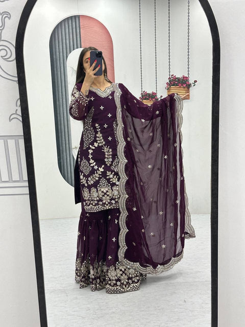 Fox Georgette Party Wear Sharara Suit Set with Embroidered Dupatta