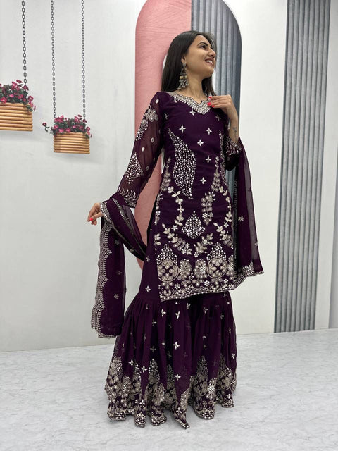 Fox Georgette Party Wear Sharara Suit Set with Embroidered Dupatta