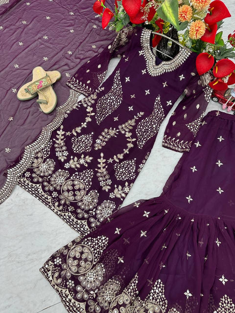 Fox Georgette Party Wear Sharara Suit Set with Embroidered Dupatta