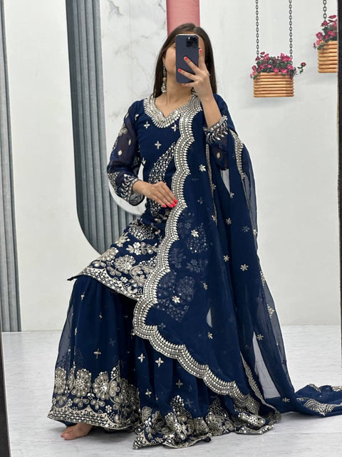 Fox Georgette Party Wear Sharara Suit Set with Embroidered Dupatta