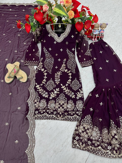 Fox Georgette Party Wear Sharara Suit Set with Embroidered Dupatta