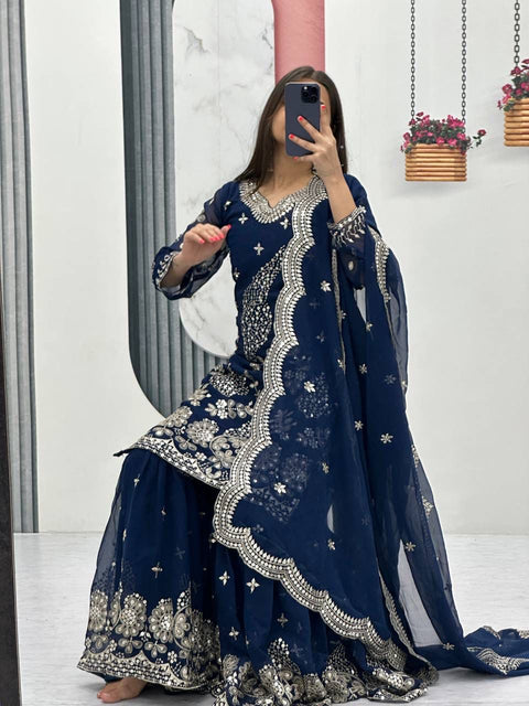 Fox Georgette Party Wear Sharara Suit Set with Embroidered Dupatta
