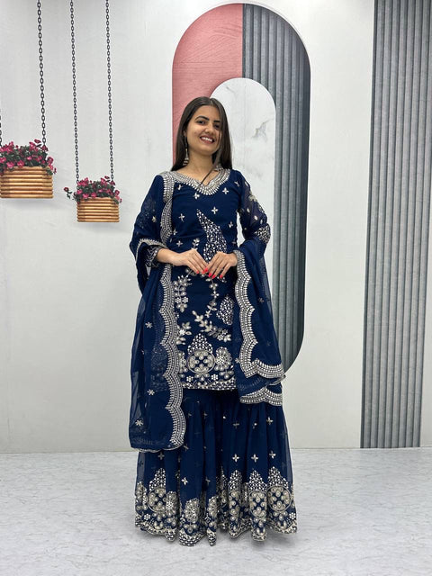 Fox Georgette Party Wear Sharara Suit Set with Embroidered Dupatta