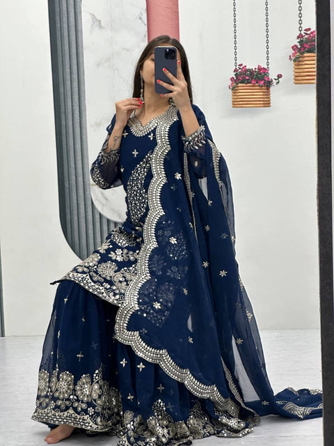 Fox Georgette Party Wear Sharara Suit Set with Embroidered Dupatta