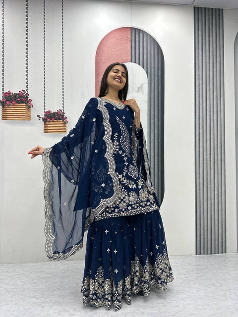 Fox Georgette Party Wear Sharara Suit Set with Embroidered Dupatta