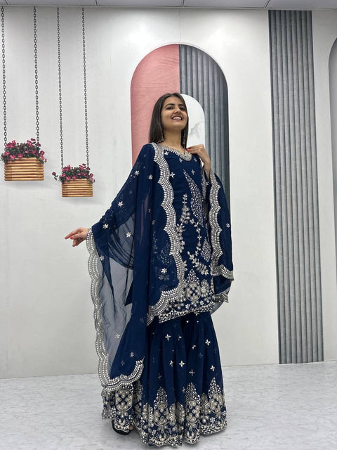 Fox Georgette Party Wear Sharara Suit Set with Embroidered Dupatta