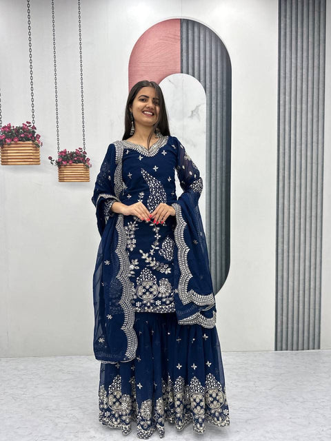 Fox Georgette Party Wear Sharara Suit Set with Embroidered Dupatta