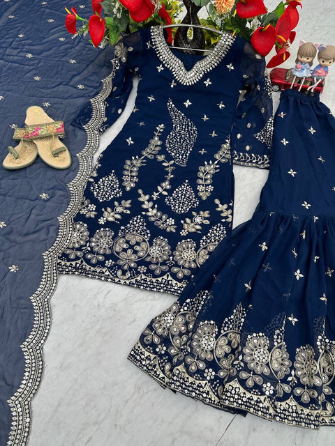 Fox Georgette Party Wear Sharara Suit Set with Embroidered Dupatta