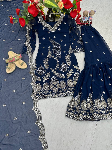 Fox Georgette Party Wear Sharara Suit Set with Embroidered Dupatta