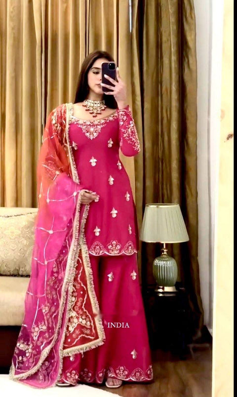 Designer Cinon Silk Sharara Suit Set with Digital Print Dupatta