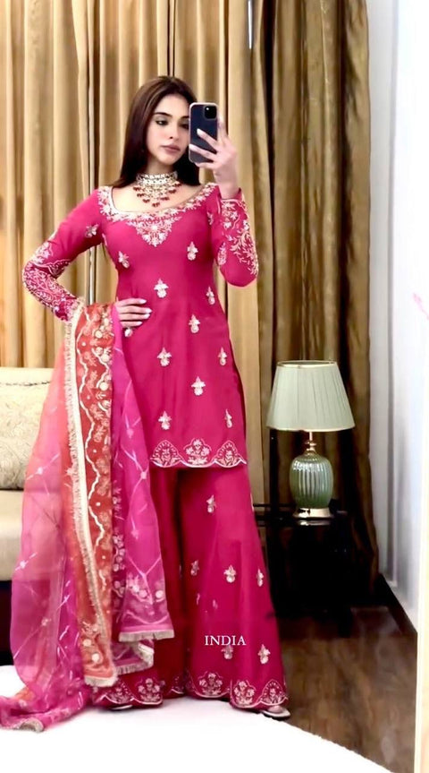 Designer Cinon Silk Sharara Suit Set with Digital Print Dupatta