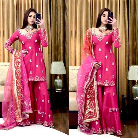 Designer Cinon Silk Sharara Suit Set with Digital Print Dupatta