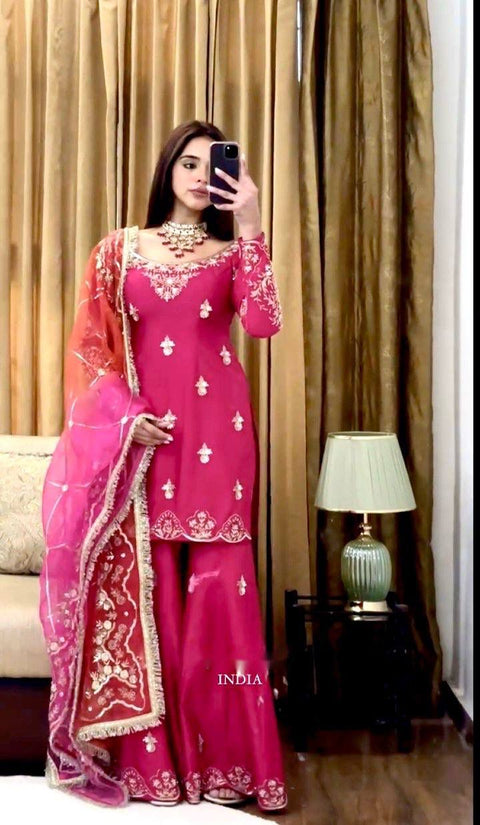 Designer Cinon Silk Sharara Suit Set with Digital Print Dupatta
