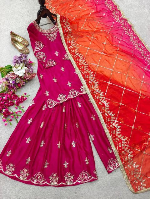 Designer Cinon Silk Sharara Suit Set with Digital Print Dupatta