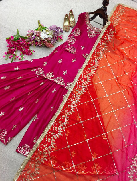 Designer Cinon Silk Sharara Suit Set with Digital Print Dupatta