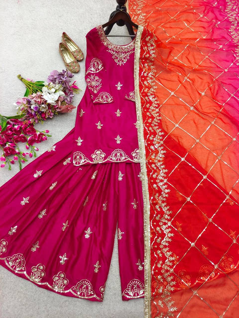 Designer Cinon Silk Sharara Suit Set with Digital Print Dupatta