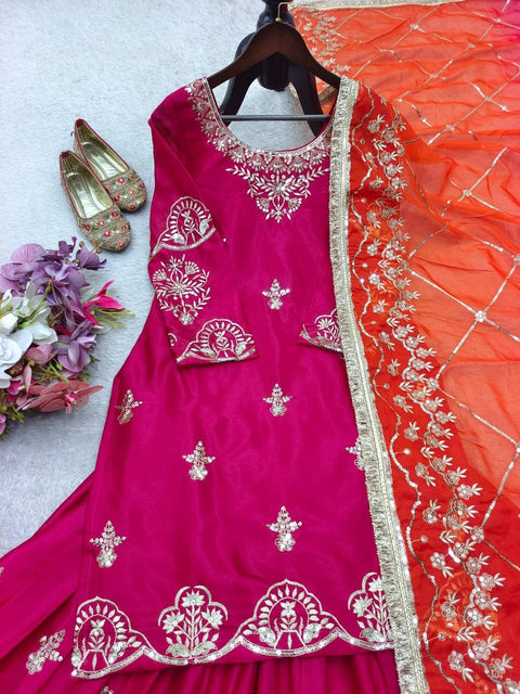 Designer Cinon Silk Sharara Suit Set with Digital Print Dupatta