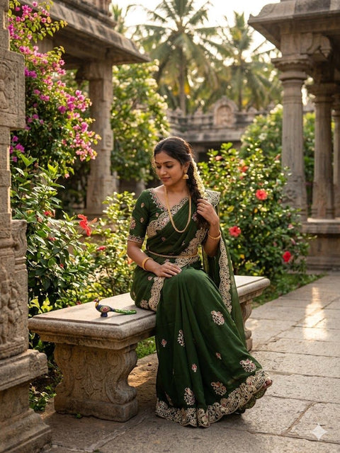 Star Georgette Saree with Multi Thread Coding Embroidery & Sequence Work