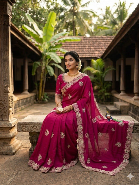 Star Georgette Saree with Multi Thread Coding Embroidery & Sequence Work