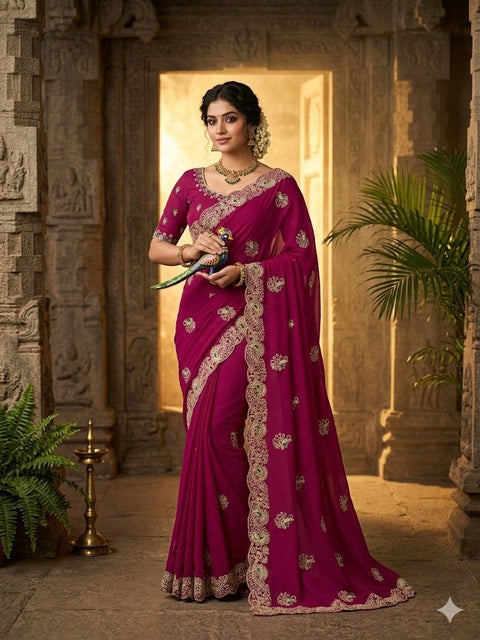 Star Georgette Saree with Multi Thread Coding Embroidery & Sequence Work