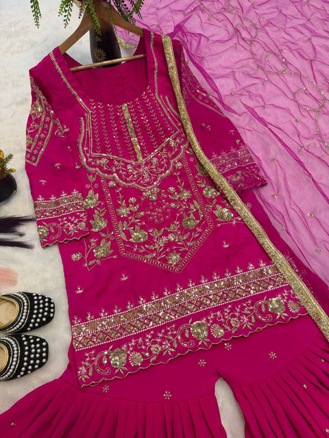 Women's Embroidered Sindoor Silk Sharara Set with Dupatta