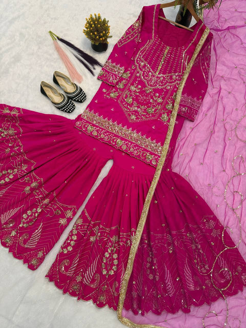 Women's Embroidered Sindoor Silk Sharara Set with Dupatta