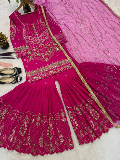 Women's Embroidered Sindoor Silk Sharara Set with Dupatta