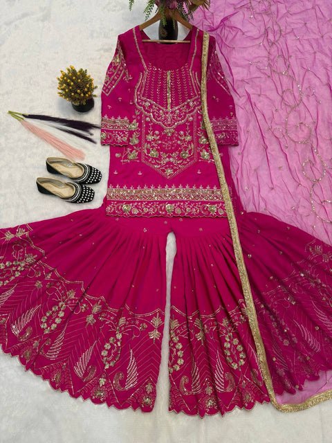 Women's Embroidered Sindoor Silk Sharara Set with Dupatta