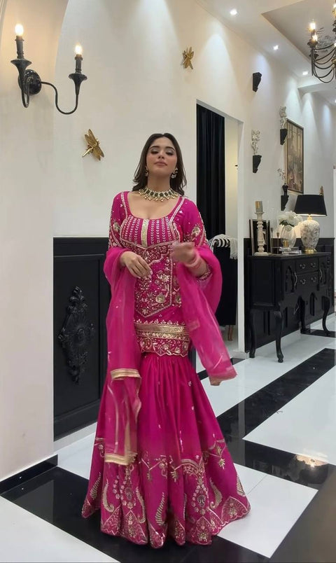 Women's Embroidered Sindoor Silk Sharara Set with Dupatta