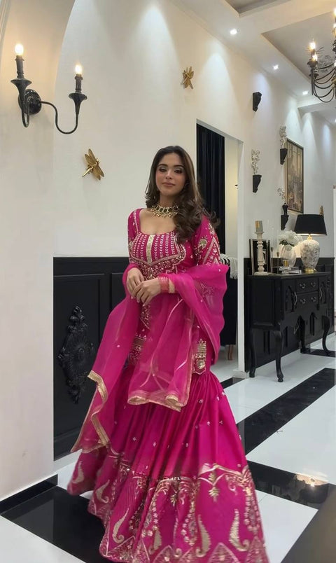 Women's Embroidered Sindoor Silk Sharara Set with Dupatta