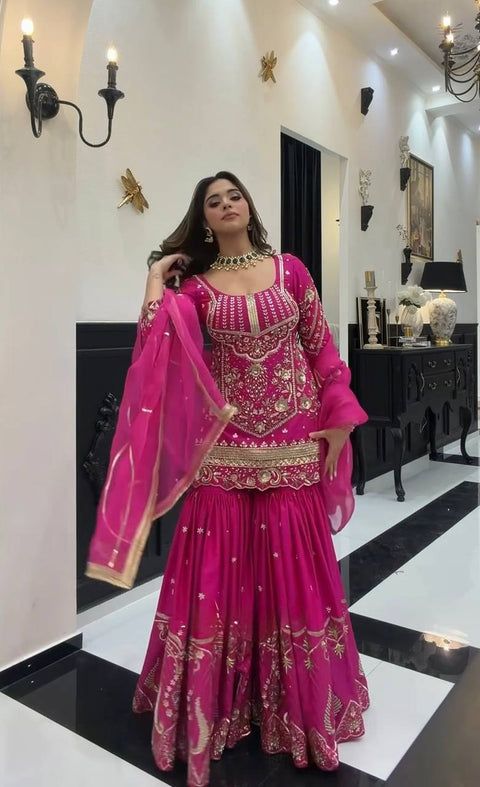 Women's Embroidered Sindoor Silk Sharara Set with Dupatta