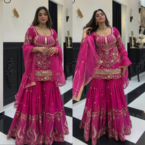 Women's Embroidered Sindoor Silk Sharara Set with Dupatta
