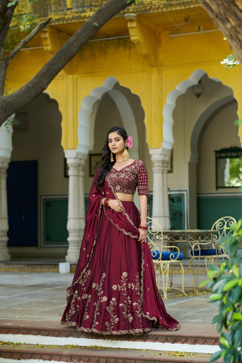 Women's Embroidered Vichitra Silk Lehenga Choli Set with Dupatta